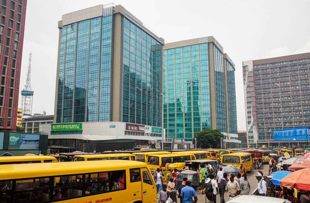 Bustling Lagos business district on Victoria Island with modern skyscrapers and traditional markets