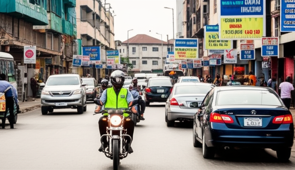 Nigerian delivery person on motorcycle navigating busy Lagos streets with detailed building addresses